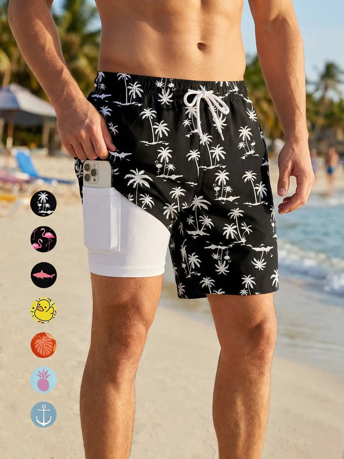 Men's All-Over Print 2-In-1 Beach Shorts, Quick Dry Swim Trunks, Lightweight Beach Trunks, With Phone Pocket and Side Pockets, Drawstring Elastic Waistband, Summer Casual Swimwear Beachwear, Breathable Swim Shorts