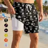 Men's All-Over Print 2-In-1 Beach Shorts, Quick Dry Swim Trunks, Lightweight Beach Trunks, With Phone Pocket and Side Pockets, Drawstring Elastic Waistband, Summer Casual Swimwear Beachwear, Breathable Swim Shorts, Swimming Shorts