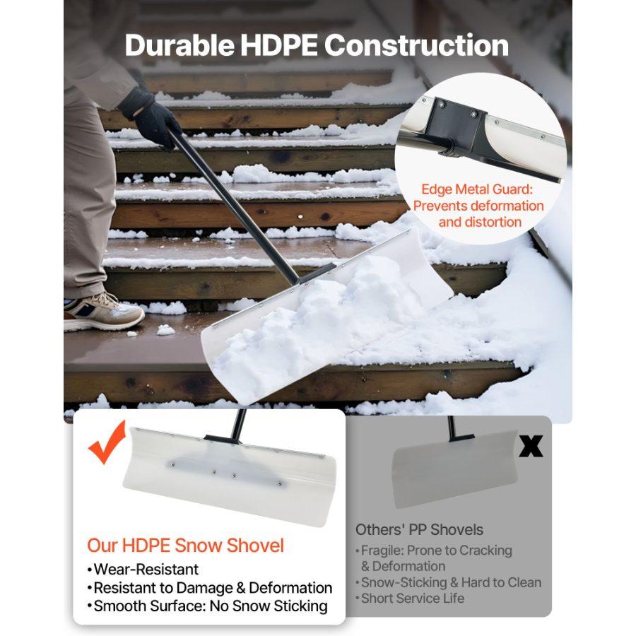 VEVOR Snow Pusher Shovel, 30 in Outdoor Snowplow Shovel with Ergonomic Grip, HDPE Plastic Blade, Winter Shovels with Segmented Handle, Metal Edged Strip, Portable Snow Removal Tool for Driveway Garden