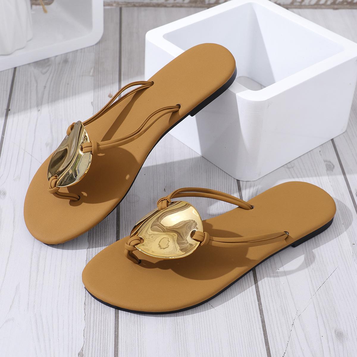 Women's New Metal Buckle Thong Sandals, Plus Size Summer Beach Chunky Heel Slide Sandals