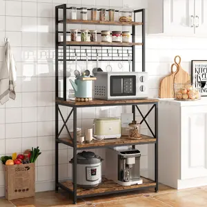 GARVEEKitchen Bakers Rack, Microwave Oven Stand with Large Storage, Industrial Coffee Bar Station, 5-Tier Kitchen Utility Storage Shelf with 6 Hooks for Spice, Pots Organizer, Rustic Brown