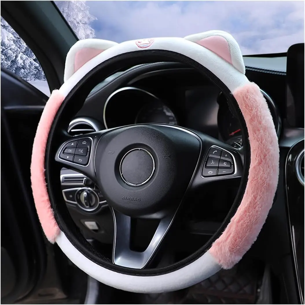 Car Steering Wheel Cover, Fluffy Soft Plush  Winter Warm, Cute Steering Wheel Protector with Kitty Cat Ears, Universal 15 Inch, Elastic & Anti-Slip, Lovely Decor Car Accessories (Pink)