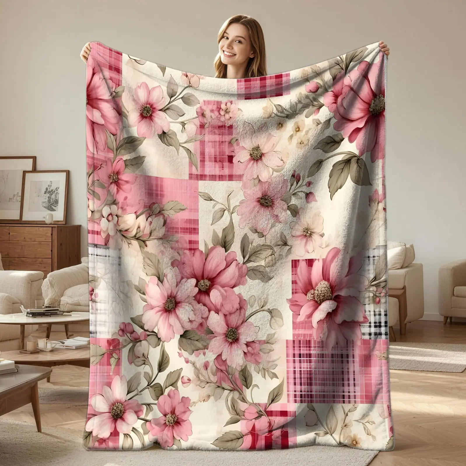 Cottage Floral Gingham Patchwork Digital Print Throw Blanket, Ultra Soft Cozy Flannel Blanket, Lightweight Warm Blanket for Sofa Couch Bed Camping, Vintage Country Gift Blanket for Women Girls, Decor Nap Blanket