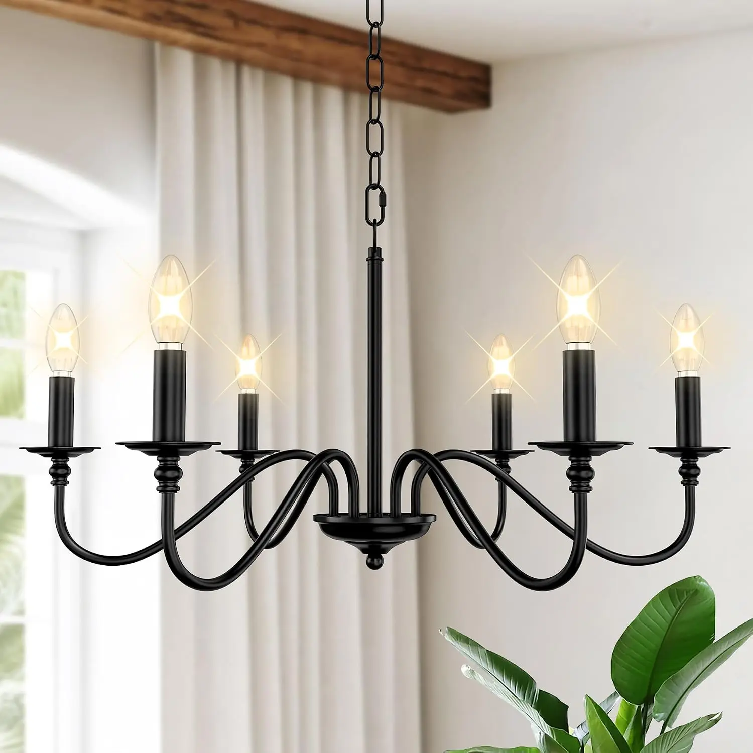 Farmhouse Indoor Chandelier, Industrial Black Rustic Iron 6-Light Ceiling Fixture, Adjustable Hanging Height, 28" Width, Broad Lighting Candlestyle, E12 Base for Kitchen Island, Dining Room