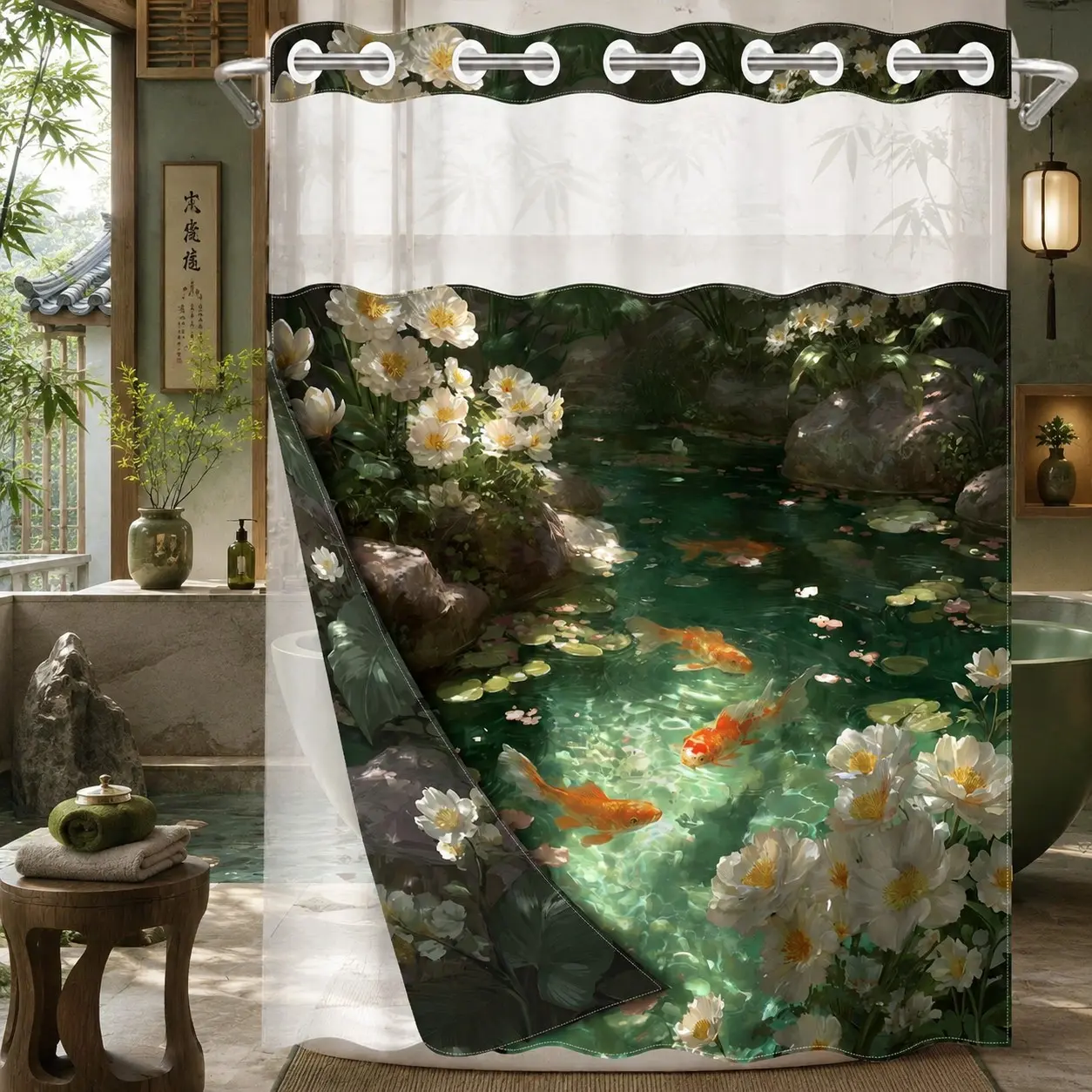 1 Pc Hookless Double Layer Shower Curtain, Garden Pond with Koi Fish Print, Machine Washable Waterproof Mildew Resistant Fabric, Nature Inspired Home Bathroom Decor, Removable Snap-in Liner, Top See-Through Window, 71"×74"