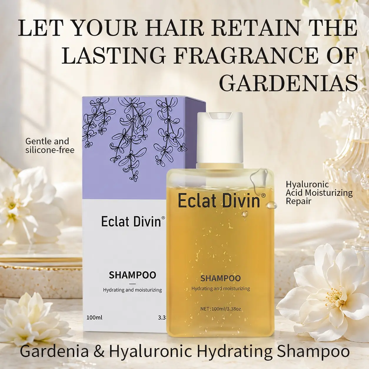 1PC Gardenia Scented Moisturizing Shampoo 100ml Travel Size—Nourishes and softens dry, frizzy hair; silky cleansing formula; ideal for daily care of dry hair