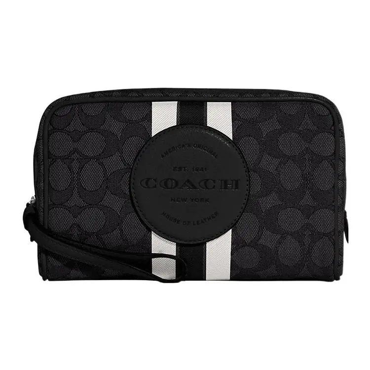 COACH Dempsey 20 Classic Monogram Stripe Zip Leather Wristlet Makeup Bag for Women, Black