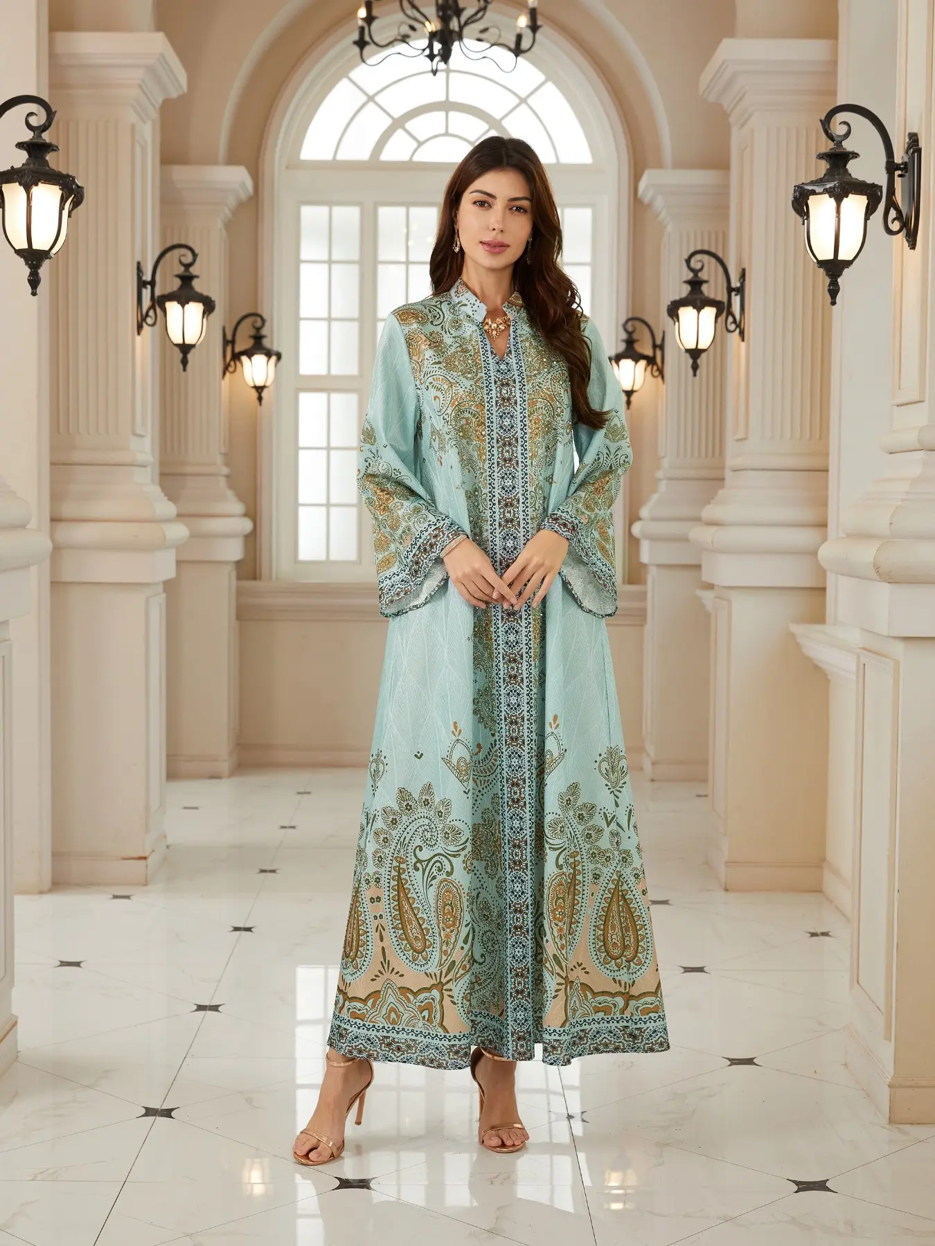 Women's Embroidered Fabric New Design Printed Rhinestone Dress, Kaftan Long Robe, Festival Evening Gown, Abayas Full Rhinestone