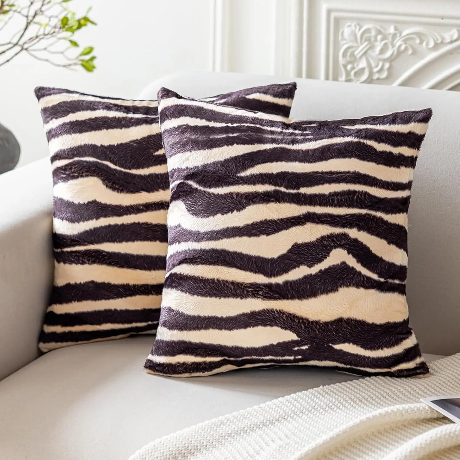 Zebra Decor Animal Print Zebra Pillow Covers Soft Velvet Throw Pillows 18x18 Set of 2 Modern Farmhouse Home Decor for Bedroom Couch Sofa (No Pillow Insert)
