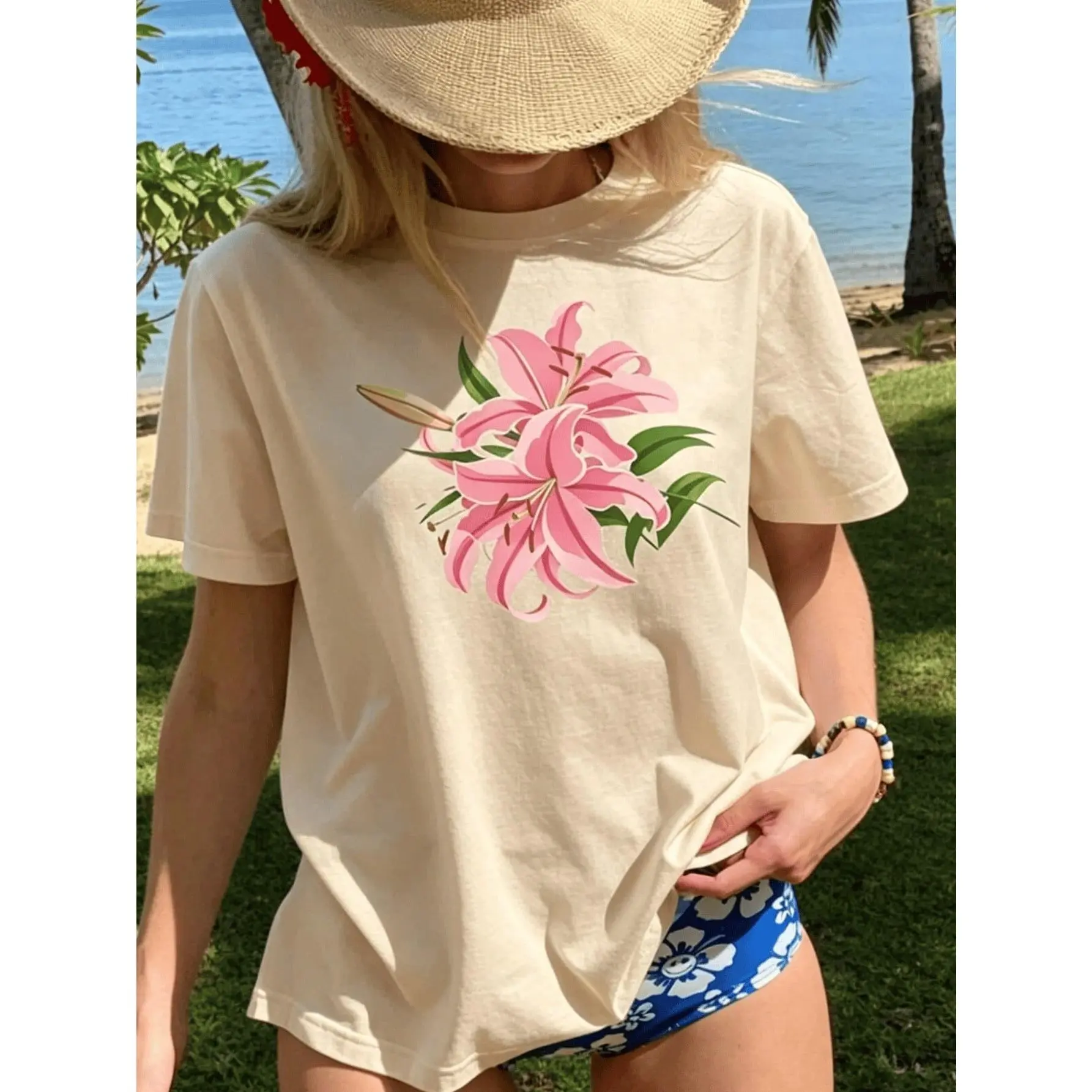 Pink Watercolor Lily Floral Bouquet Gentle Botanical Graphic Print 100% Cotton Summer Cottagecore Soft Casual Crew Neck Short Sleeve