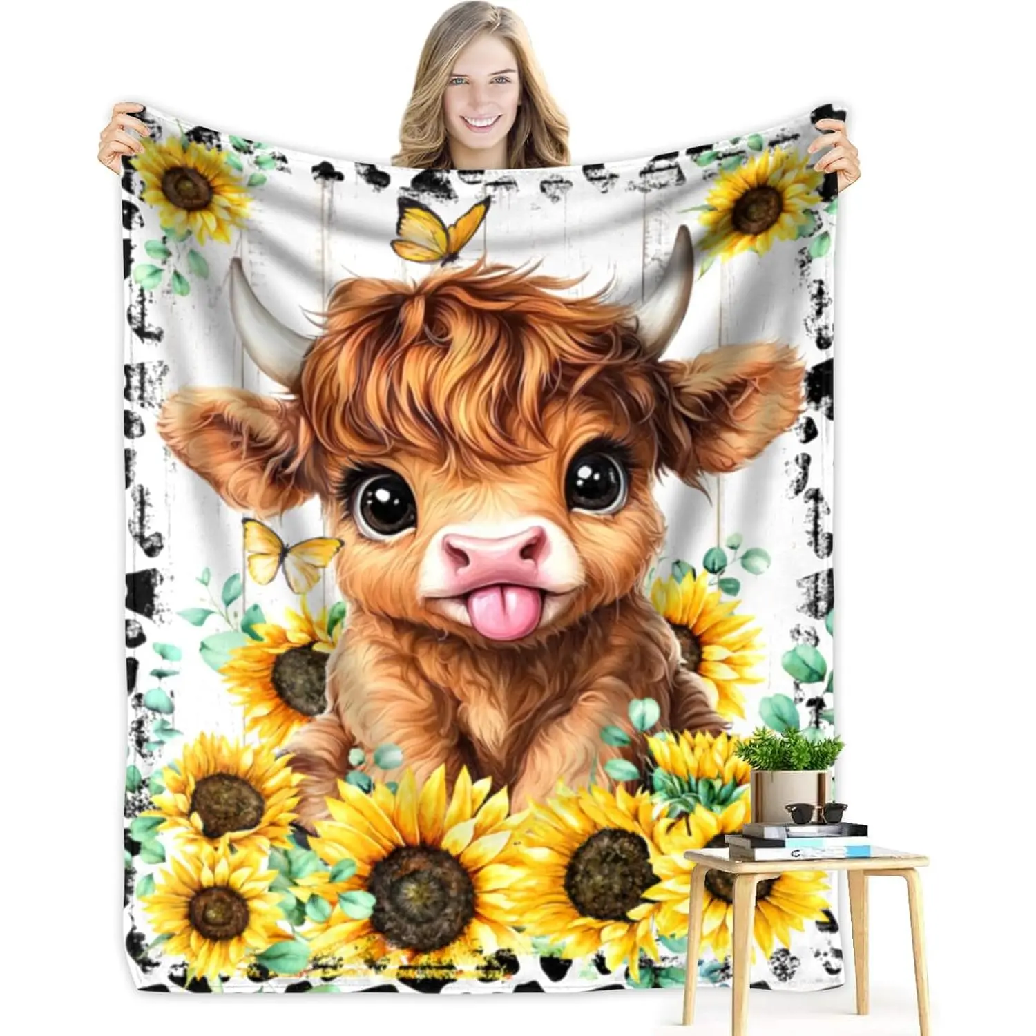 Highland Cow Blanket, Sunflower Highland Cow Gifts for Women Girls Adults Cow Lovers, Warm Cozy Animal Print Flannel Throw Blanket for Sofa Couch Bed Decor (Single-sided print)