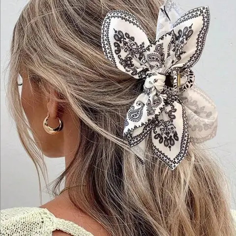 Women's Boho Style Paisley Pattern Bowknot Design Hair Claw, White Ponytail Claw Clip, Vintage Trendy Flower Hair Claw Clip Extensions, Fashionable Hair Accessories for Women & Girls, Elegant Pastel Bow, Flower Hair Clips, Hair Decor