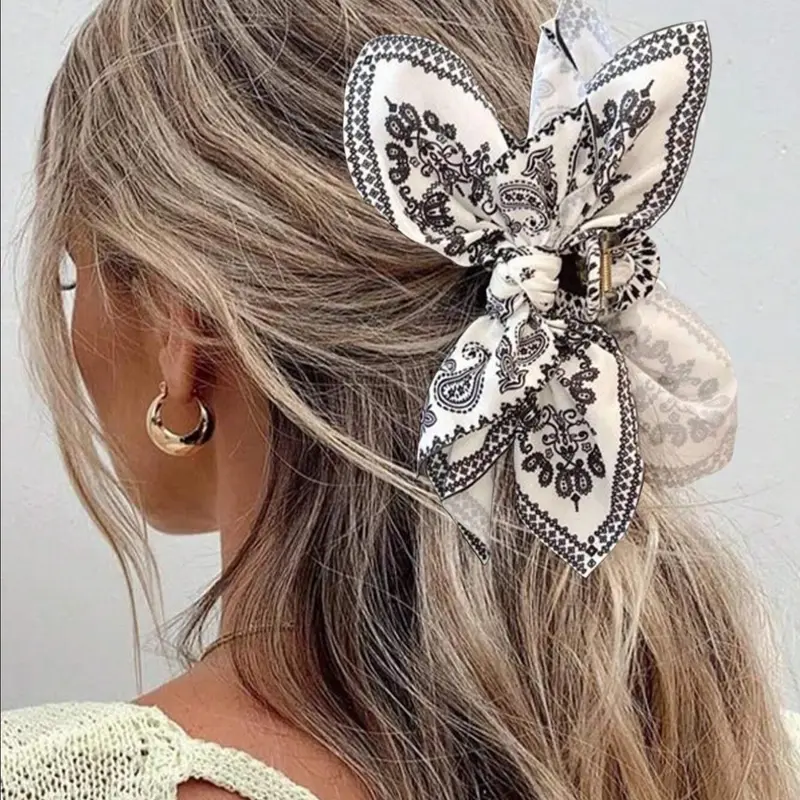 Women's Boho Style Paisley Pattern Bowknot Design Hair Claw, White Ponytail Claw Clip, Vintage Trendy Flower Hair Claw Clip Extensions, Fashionable Hair Accessories for Women & Girls, Elegant Pastel Bow, Flower Hair Clips, Hair Decor