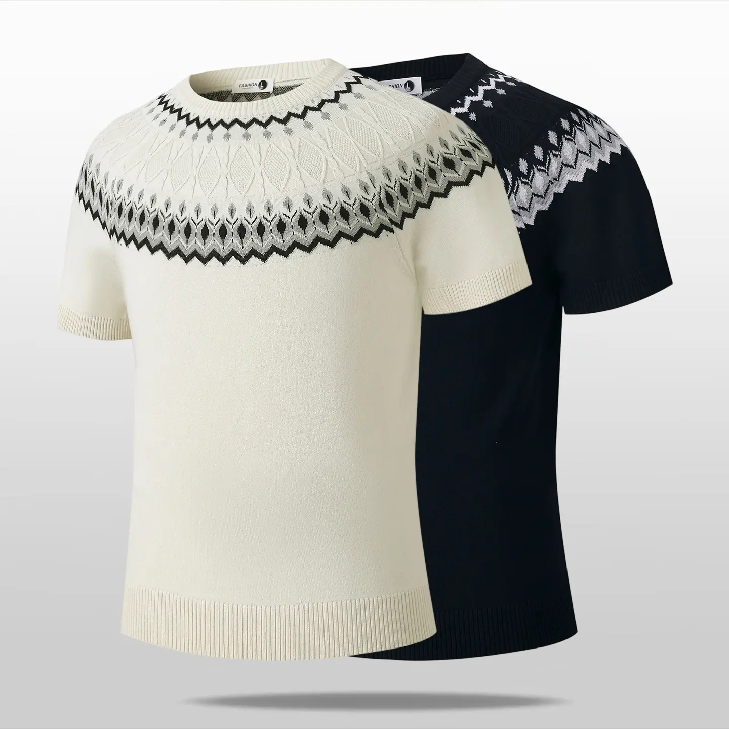 Crew neck short sleeve knit sweater decorated with classic fair isle jacquard patterns on shoulder, tailored slim fit with ribbed hem and cuffs, soft knit fabric, stylish daily top for modern mensfashion matching.