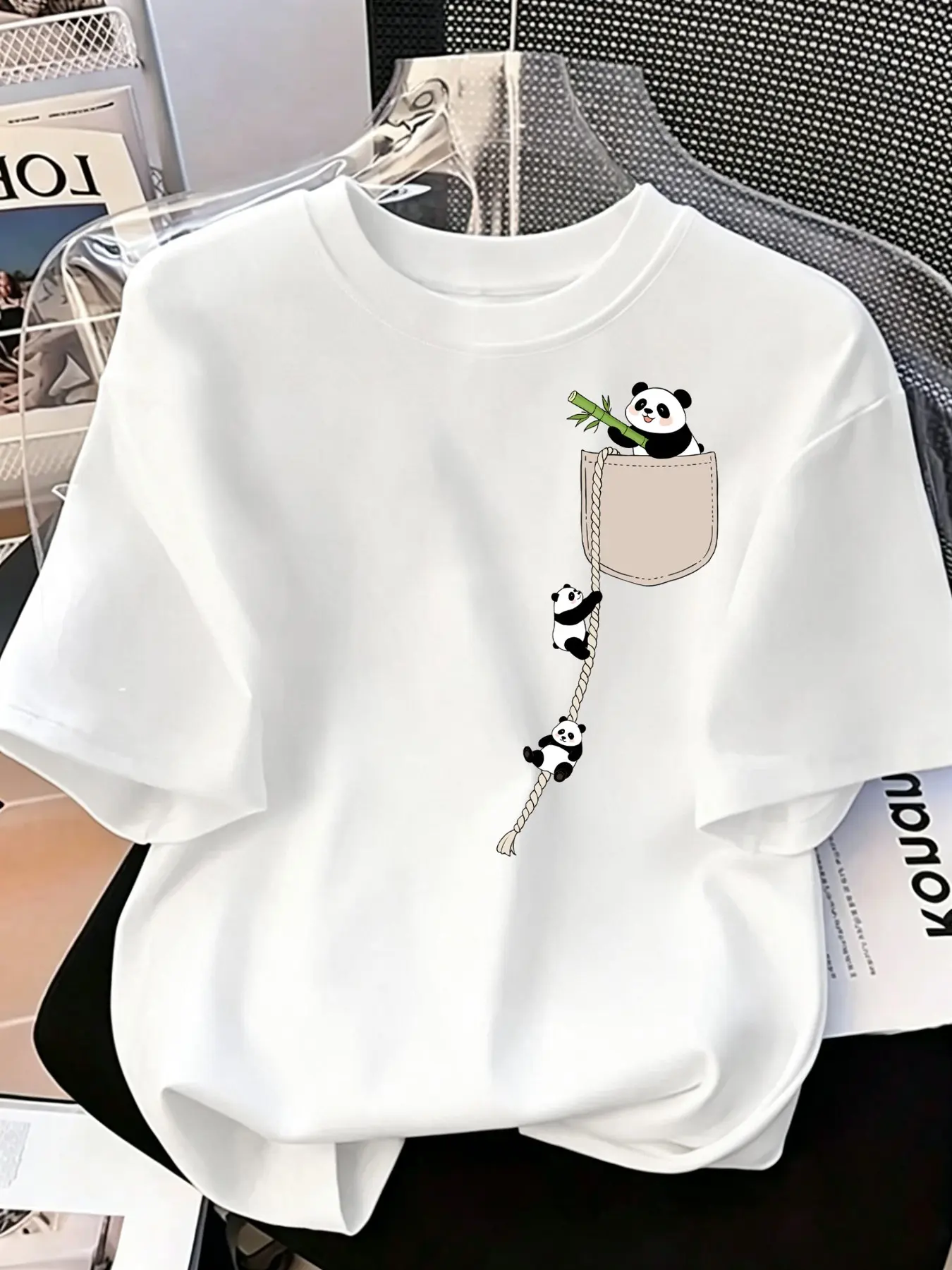 Women Crew Neck Short Sleeve Graphic T Shirt, Cute Pocket Panda Print Casual Tee Blusas, Tiktok Shop Viral OOTD Outfit Inspo For Ladies Daily Street Soft Breathable Summer Cute Tops Clothes