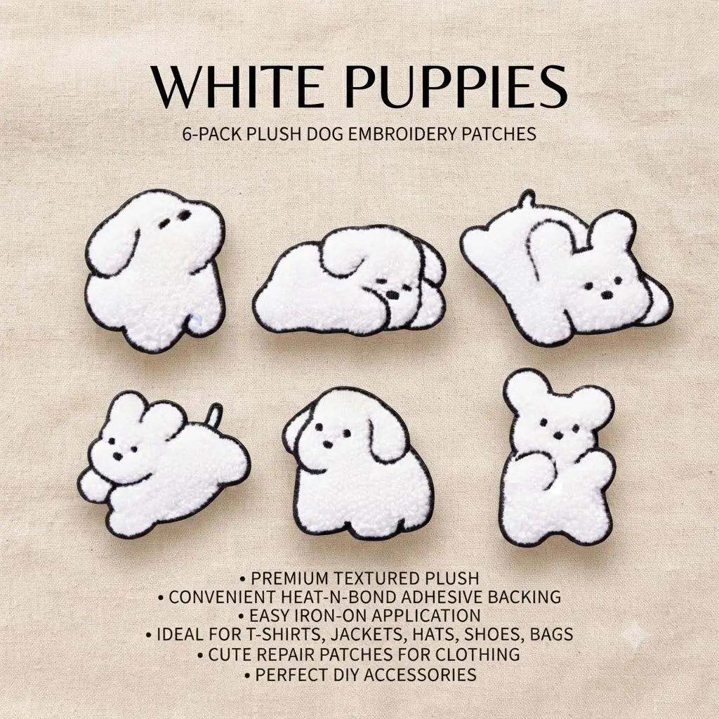 6-Pack Cartoon Plush Dog Embroidery Fabric Patches, Self-Adhesive Iron-On Clothes Stickers, DIY Repair for Women's Cotton Tees, Kids' Clothing, Hats, Shoes, Socks