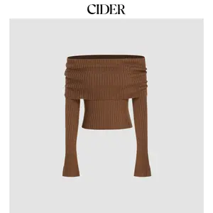 Cider [size 2-26] Off-shoulder Knitted Ruched Bell Sleeve Top
