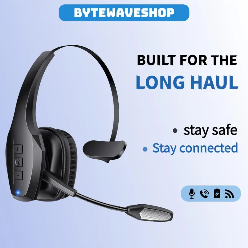 Bytewaveshop Mini Noise Cancelling Bluetooth Headset - Head-Mounted Wireless Audio with Dual Mic, 55h Playback, 80d Standby, Adjustable Buttons, Crisp Calls, Fast Charging, Stable Connection, Truck Drivers’ Hands-Free Device (Computer, Laptop, Cellphone)