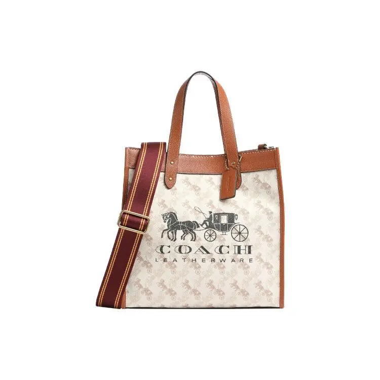 Coach Field 30 Classic Carriage-Print Large Leather Tote Bag for Women, Brown and White
