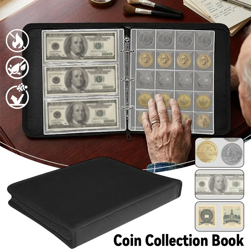Fireproof PU Coin Collection Album for Collectors - 1x Home Supplies Storage Case with 26-30-32 Pages, 516 Pockets for Banknotes, Pennies, Quarters, Stamps