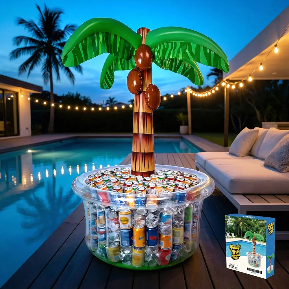 Inflatable Palm Tree Cooler 150*62cm, Pool Party Bar, Serving Trays, Keeps Food Drinks Cool, Party Decorations for BBQ Picnic Beach