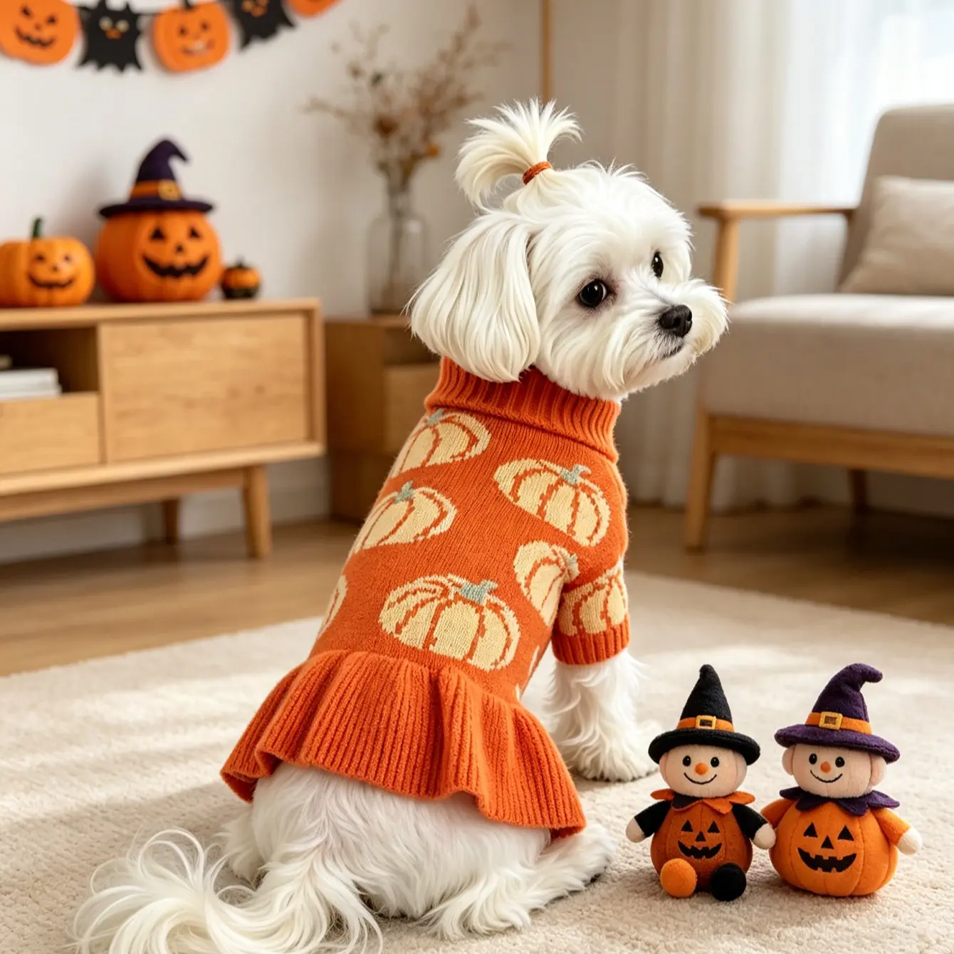 1PC Cute Halloween Pumpkin Jacquard Knit Pet Sweater Dress, Warm Stretch Dog Sweater, Holiday Party Puppy Costume for Small Breed Dogs