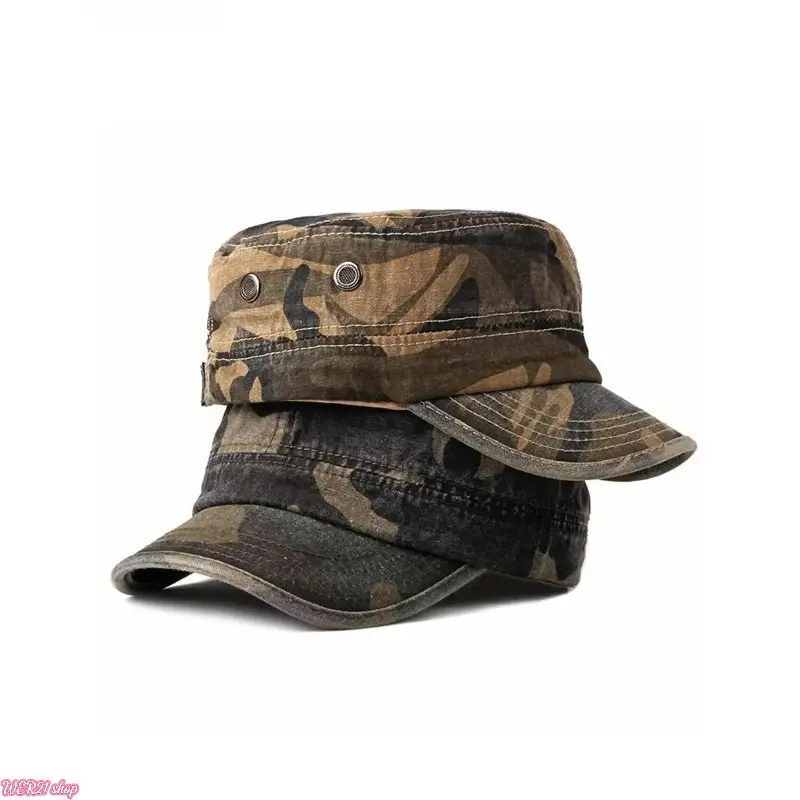 1/2pcs Vintage Flat Top Army Caps, Trending Washed Military Cadet Hats, Stylish Camo Outdoor Casual Headwear, breathable soft fabric & retro unique silhouette, perfect for daily street wear, outdoor hiking, camping trips and casual trendy outfit matching