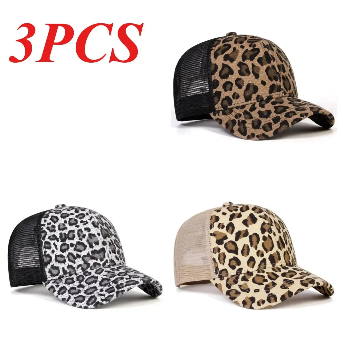Korean Snapback Caps (3-Pack), Unisex Leopard Print Lightweight Cotton Mesh Design with Adjustable Size, Lightweight Cap