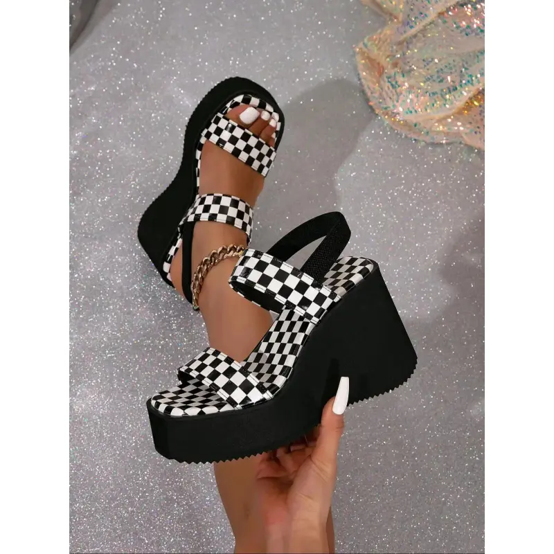Women's Checked Pattern Platform Sandals, Trendy Slip on Wedge Sandals, Chic All-match Shoes for Daily Wear