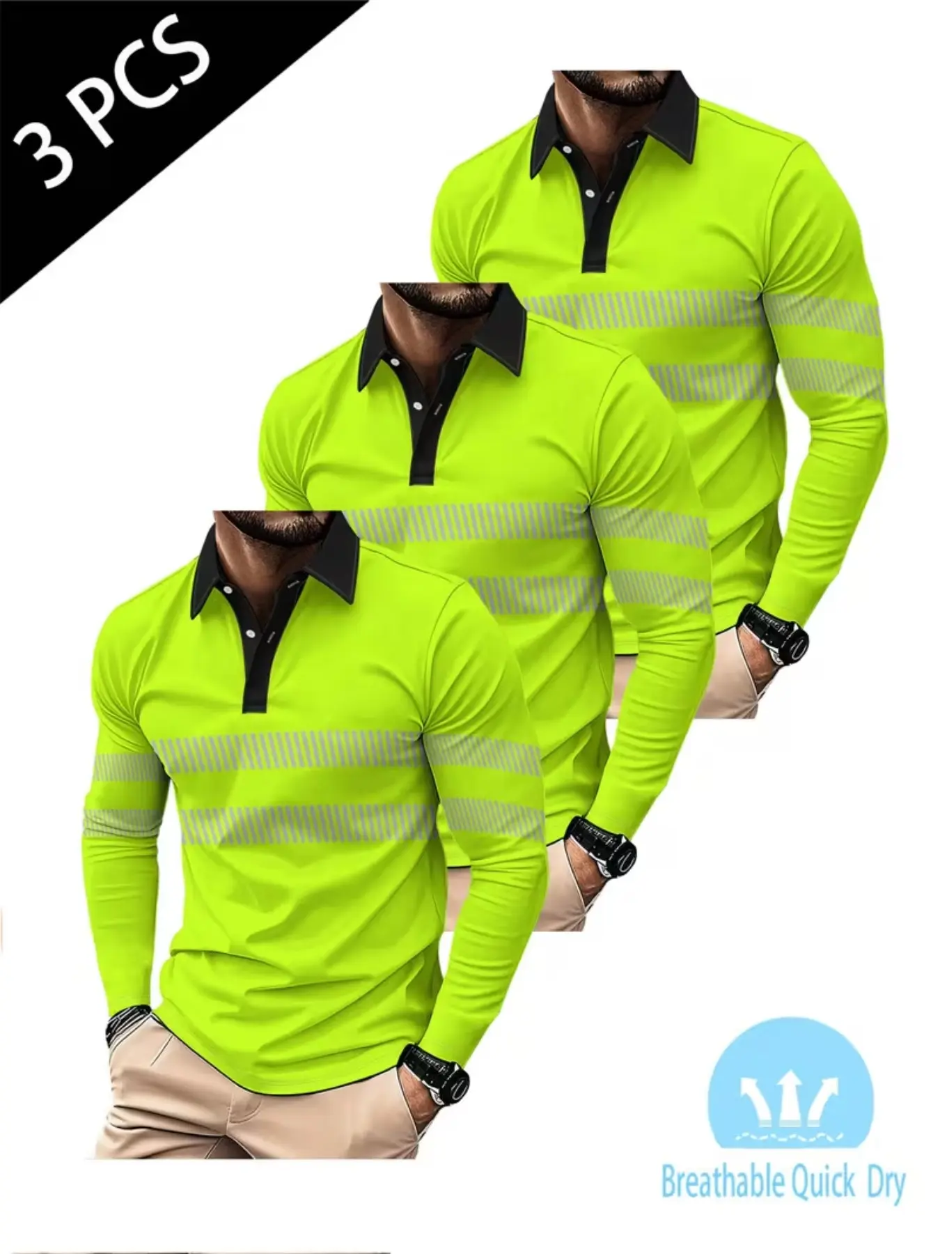 3-Pack Men's Casual Digital Print Breathable Polo Shirts, Fluorescent //blue Striped, Soft Fabric, Durable Material, All Seasons
