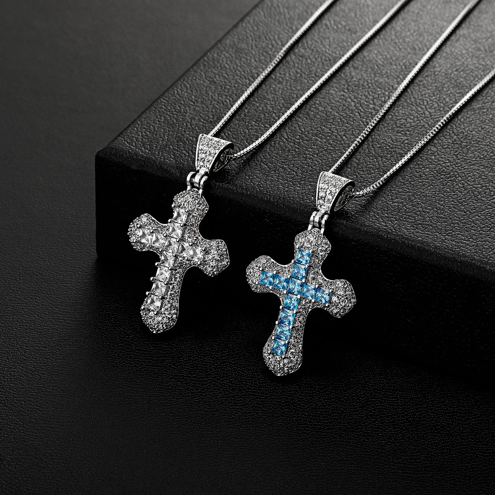CYL&RY 14K Gold Plated Iced Out Blue CZ Cross Pendant Necklace for Men Women, Hypoallergenic Box Chain, Perfect for Hip Hop Concerts, Church Events, Music Festivals, Club Nights Baddie Aesthetic Urban Street Style