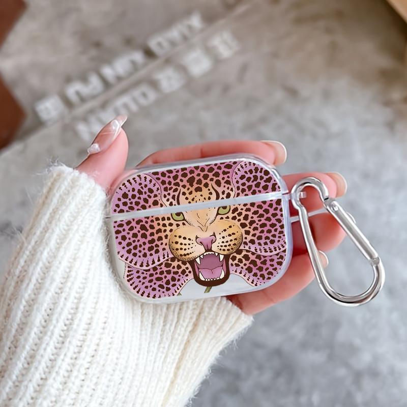 Leopard - Orchid Fusion Pattern TPU Soft Protective Case for Apple AirPods 4/3/2/1/Pro/Pro2 Transparent Earphone Cover with Keychain Attachment