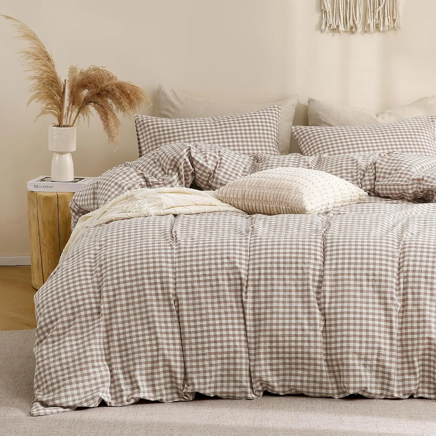 3-Piece Tan Gingham Check Duvet Cover Set - 100% Washed Cotton, Soft Comfy, Anti-Fade, Rustic Charm, Vintage Brown, for King Sized Bed (104"x90", Comforter Not Included)
