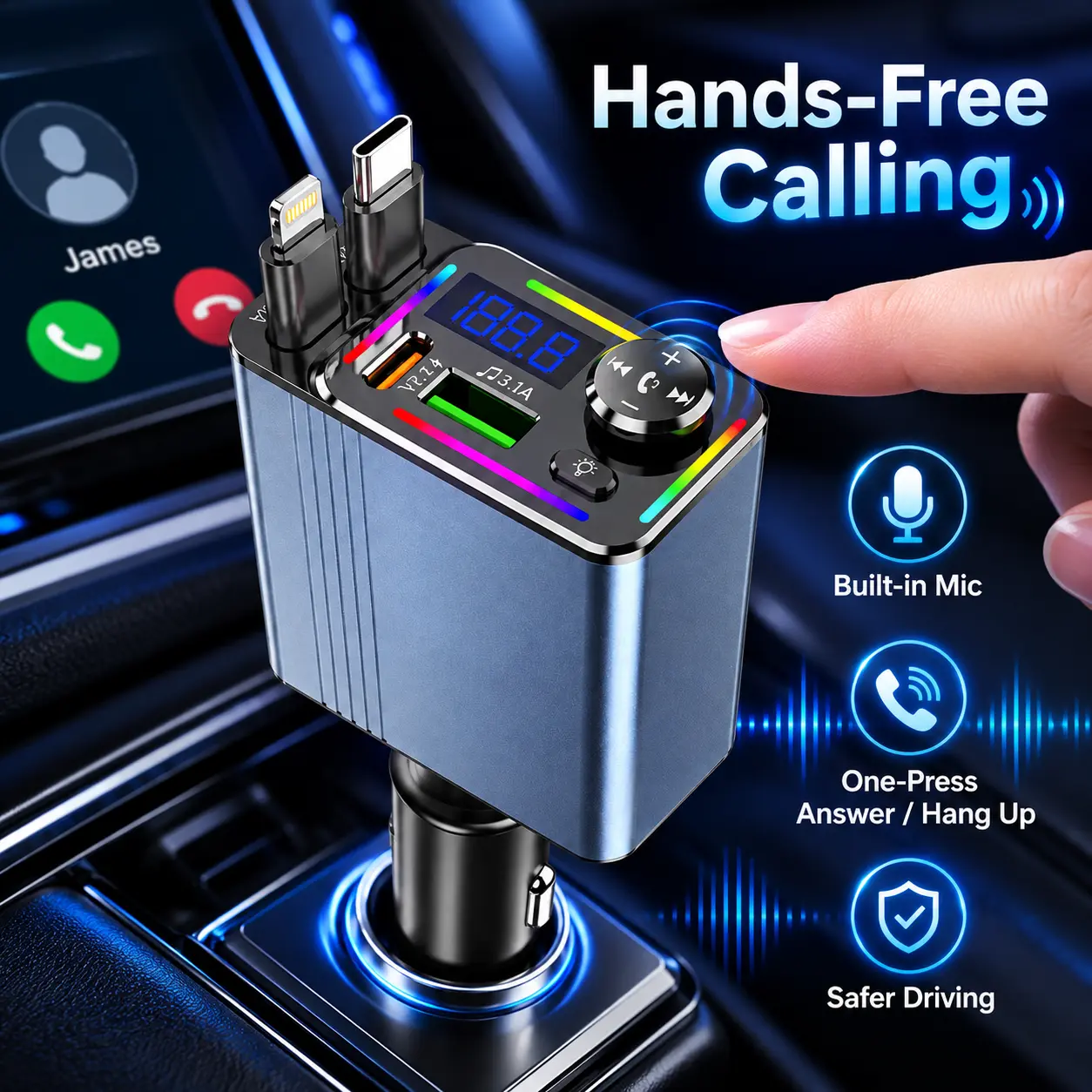 Car Bluetooth FM Transmitter 3.1A Fast Charger Retractable Type C Cable 80cm Auto Storage V5.3 Lossless Stereo Audio Hands Free Calling Built in Mic U Disk Plug Play RGB Ambient Light LED Digital Voltage Display 180 Degree Rotatable Vehicle Accessories