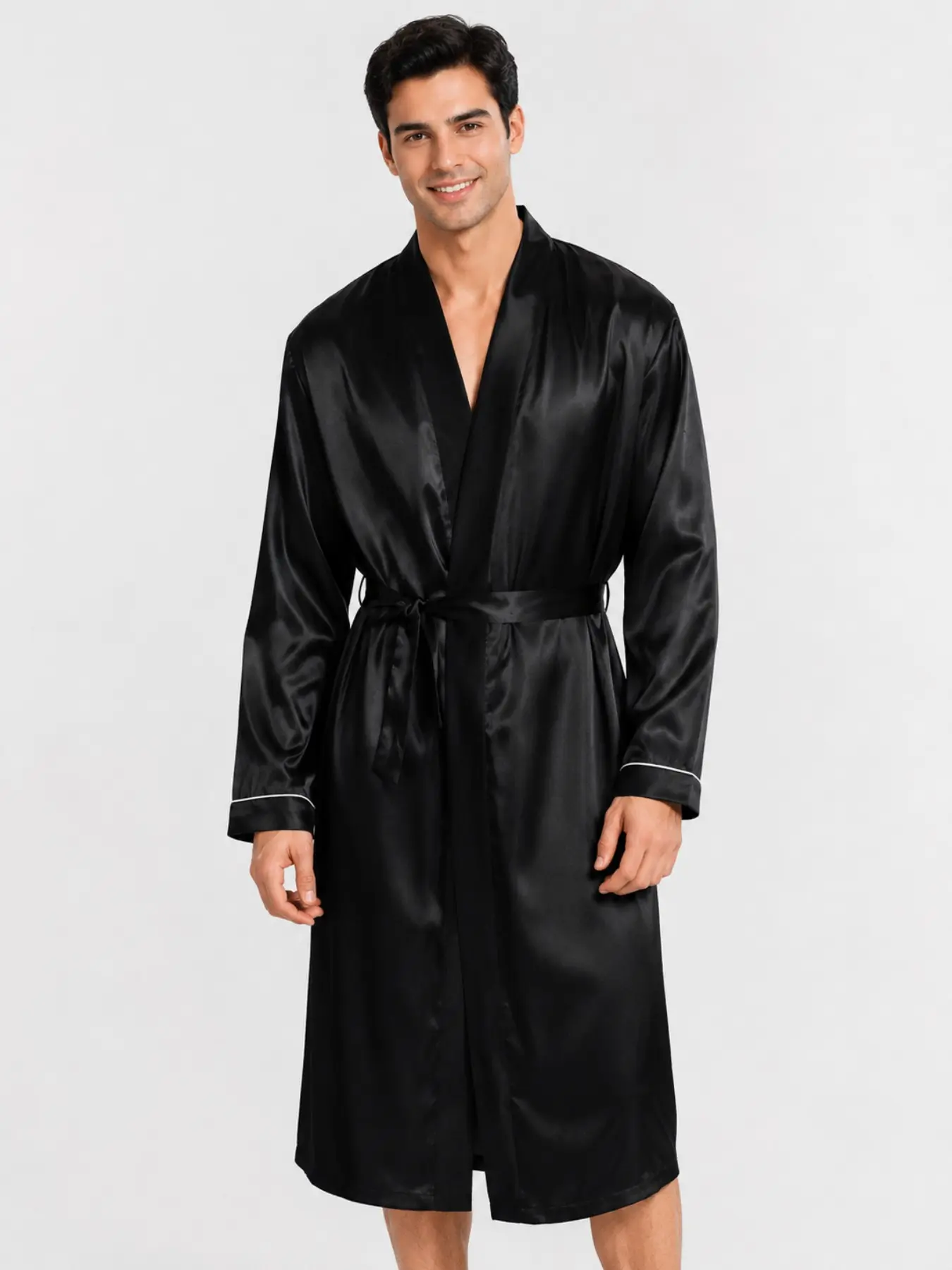 Men's Satin-Like Long Sleep Robe, Tie-Back Long Sleeve Loose Pajamas, Casual Home Wear Morning Coat, All Seasons Comfort