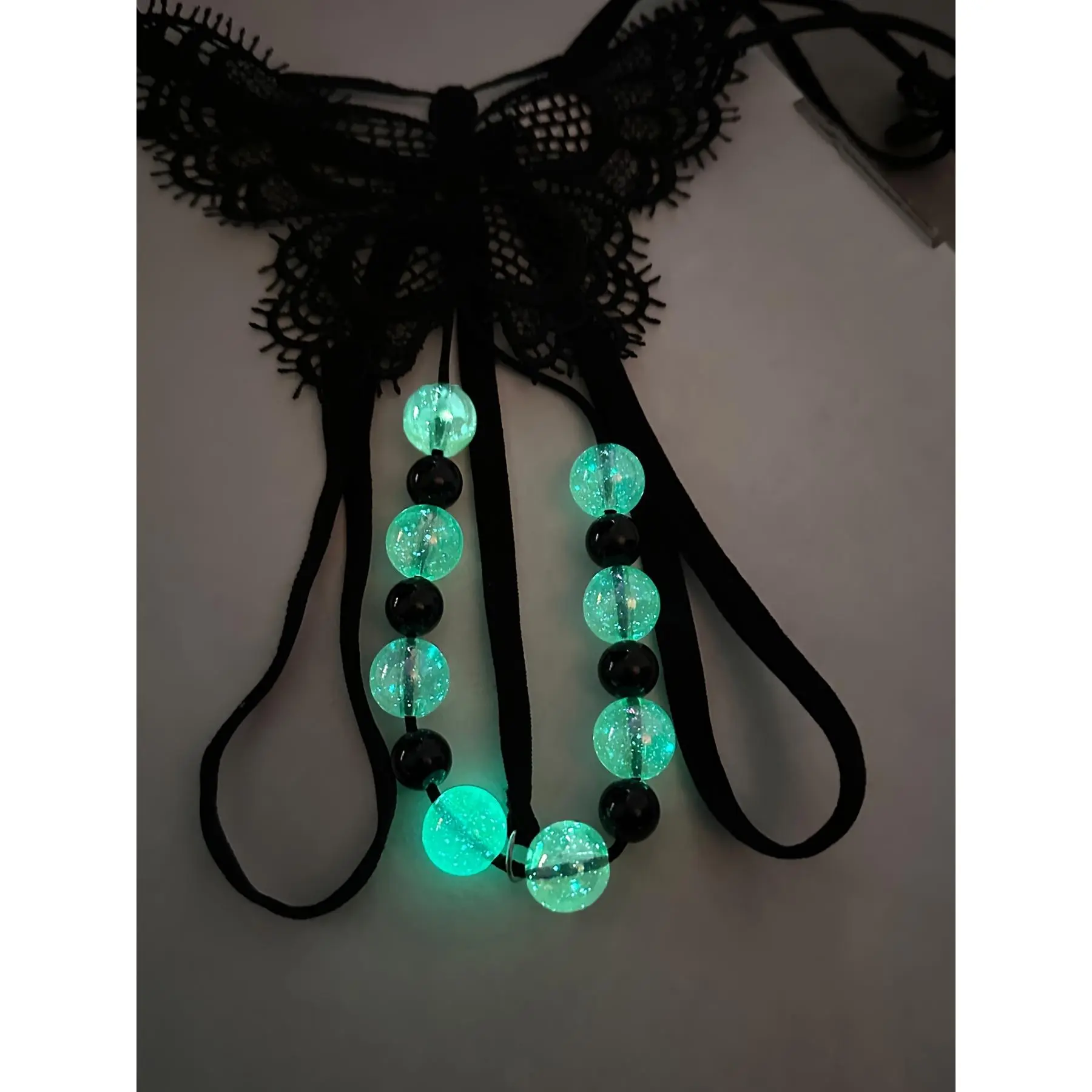QRGlow Effect Pearl G-string with Double Row Pearls, Women's Crotchless Lingerie Featuring a Large Opening, Glow Effect, Cold Wash