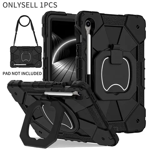 Shockproof Case for Samsung Galaxy Tab S11 & S10 Lite 2025, Compatible with Tab A11+/S10FE/S9FE, with Screen Protector Rotating Stand Pencil Holder Shoulder Strap Full-Body Drop Protection Cover Kids Protective Tablet Casing - Black (Case Only)