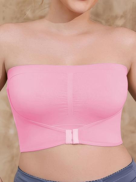 【Plus Size】 Solid Color Push Up Strapless Bra, Women's Comfortable Breathable Soft Bra,Front Chest Buckles Design,Women's Lingerie for All Seasons,Ladies Knitted Underwear For Daily or any Occasion