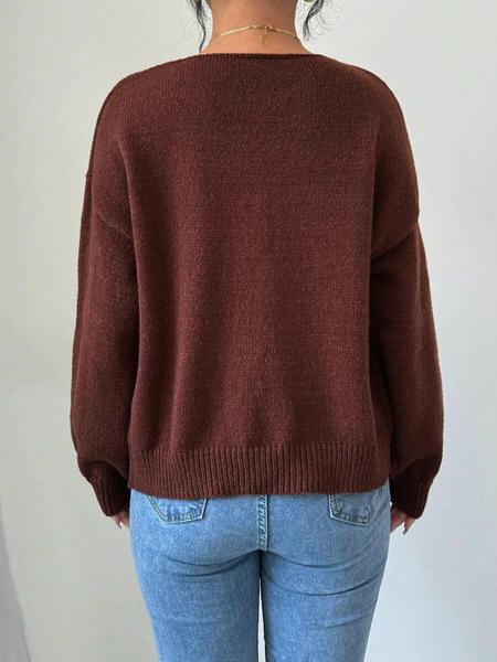 Women's Loose-Fit Shoulder Strap Sweater Cardigan, Solid Butterfly Knot Design, Casual Long Sleeve V Neck Knitwear for Spring & Fall