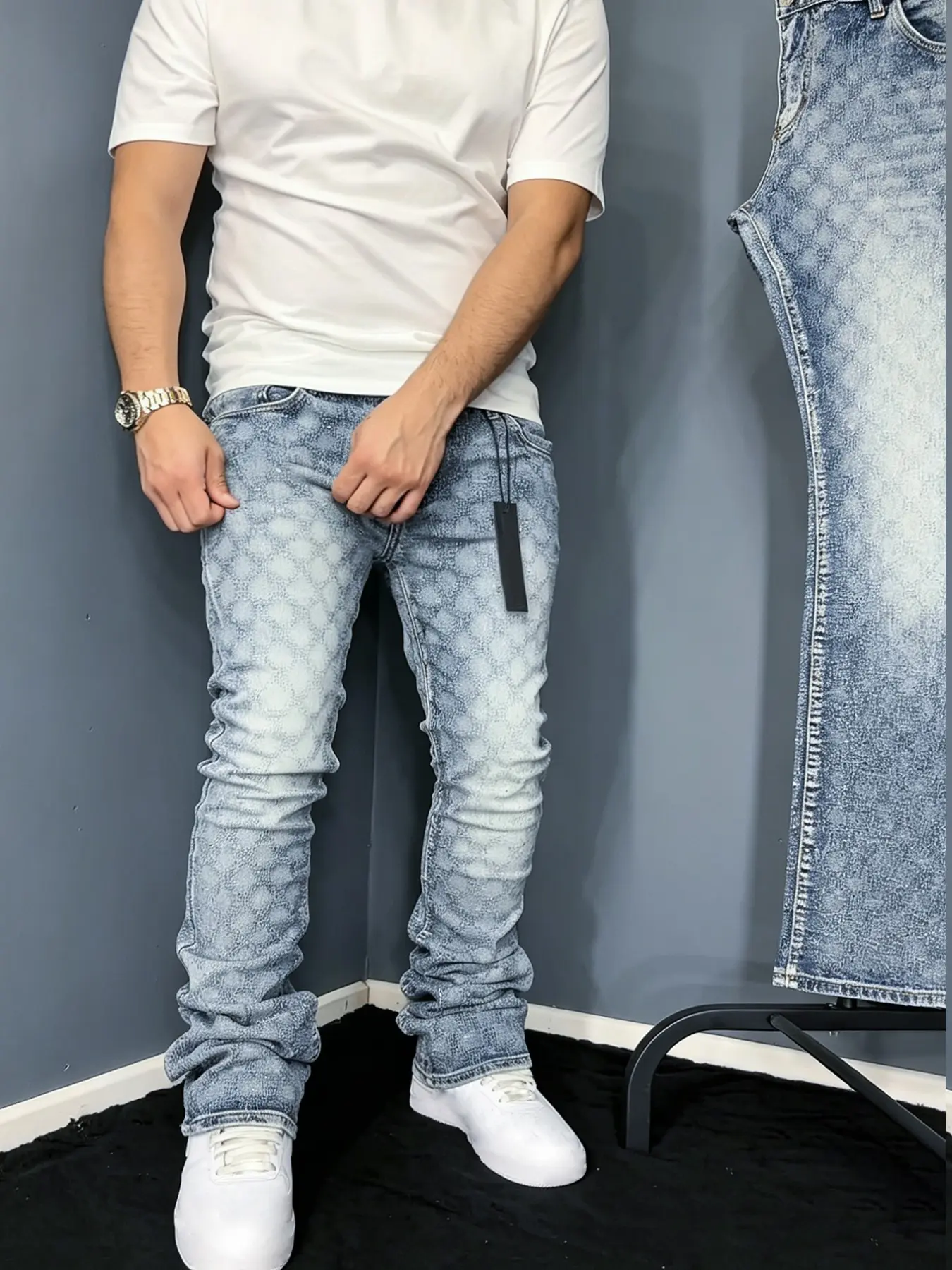 Blue Carbon Drill Jacquard Micro Flare Jeans, Streetwear Trendy Micro Flare Jean Pants, Cotton Solid Color Daily Commute Jeans, Casual Streetwear Jeans, Flared Leg Jeans