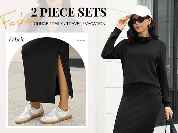 Casly Lamiit Women's 2 Piece Skirt Set Turtleneck Tops Long Skirt Matching Outfits with Pockets Soft Breathable Fitted Basic Minimalist Design Loungewear - Womenswear Clothes