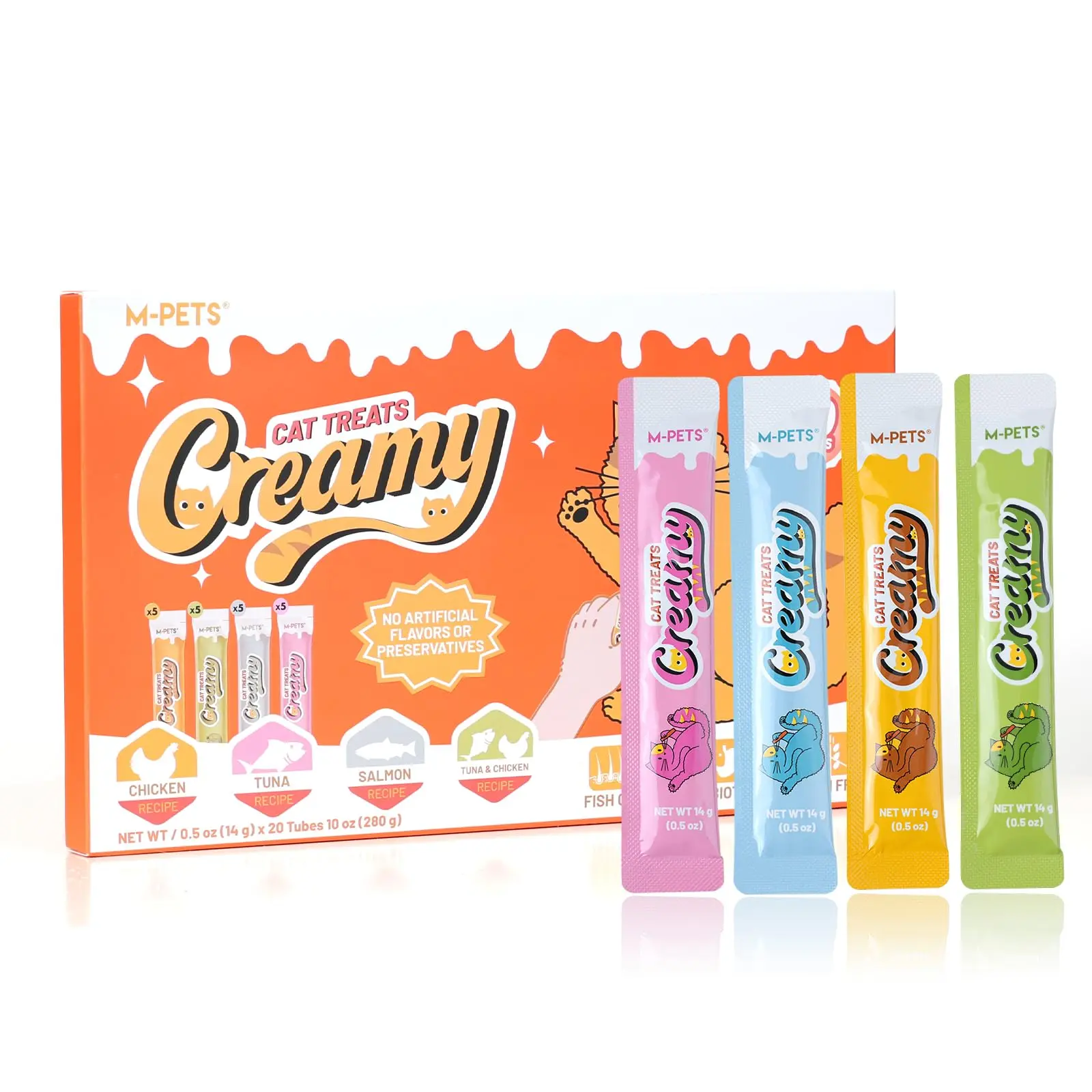 M-PETS Creamy Texture Cat Treats - 4-Flavor Variety Pack, 20 Squeeze-Up Tubes, Chicken-Based, Hydrating, Functional Nutrients for Skin Health & Digestive Health, Grain-Free, High-Protein