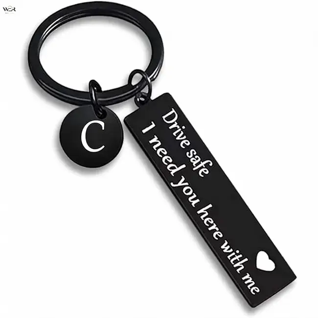 Black Stainless Steel Keychain with A-Z 26 Initial Round Charm, "Drive Safe I Need You Here With Me" Sentimental Boyfriend Gift for Driver Husband, Custom Sentimental Boyfriend Gifts