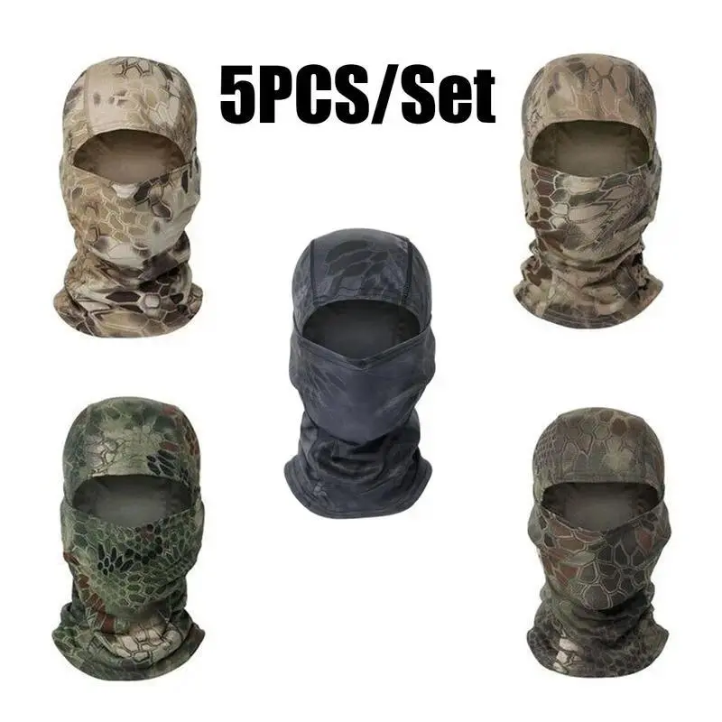 5-Pack Camouflage Balaclava Ski Mask, Tactical Synthetic Face Cover for Men & Women, Adjustable with UV Protection for Climbing & Outdoor Sports, Set Pack, Polyester, One Size