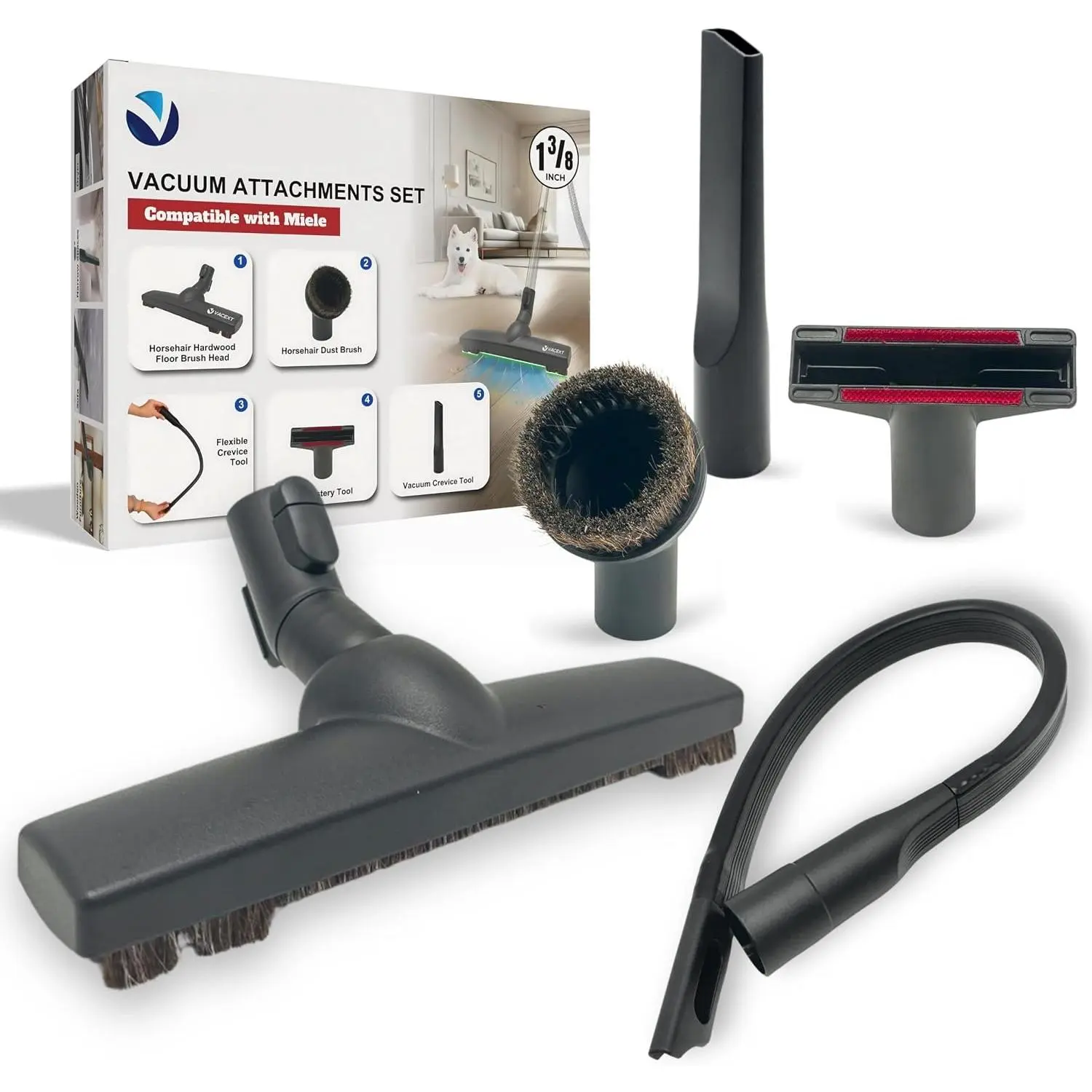 For Miele Vacuum Cleaner Attachments for Carpet, Tile Hard Floors, Dryer Vent, Corner,  Detailing -Horsehair Hardwood Floor Brush, Flexible Crevice Tool &  Compatible with Miele C1 C2 C3