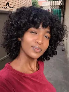 Ayntime Short Curly Bob Wig, 100% Real Hair, Bangs Included, 200% Density, Perfect for Women, Fashionable and Attractive Hairstyle, Fluffy Curly Wig
