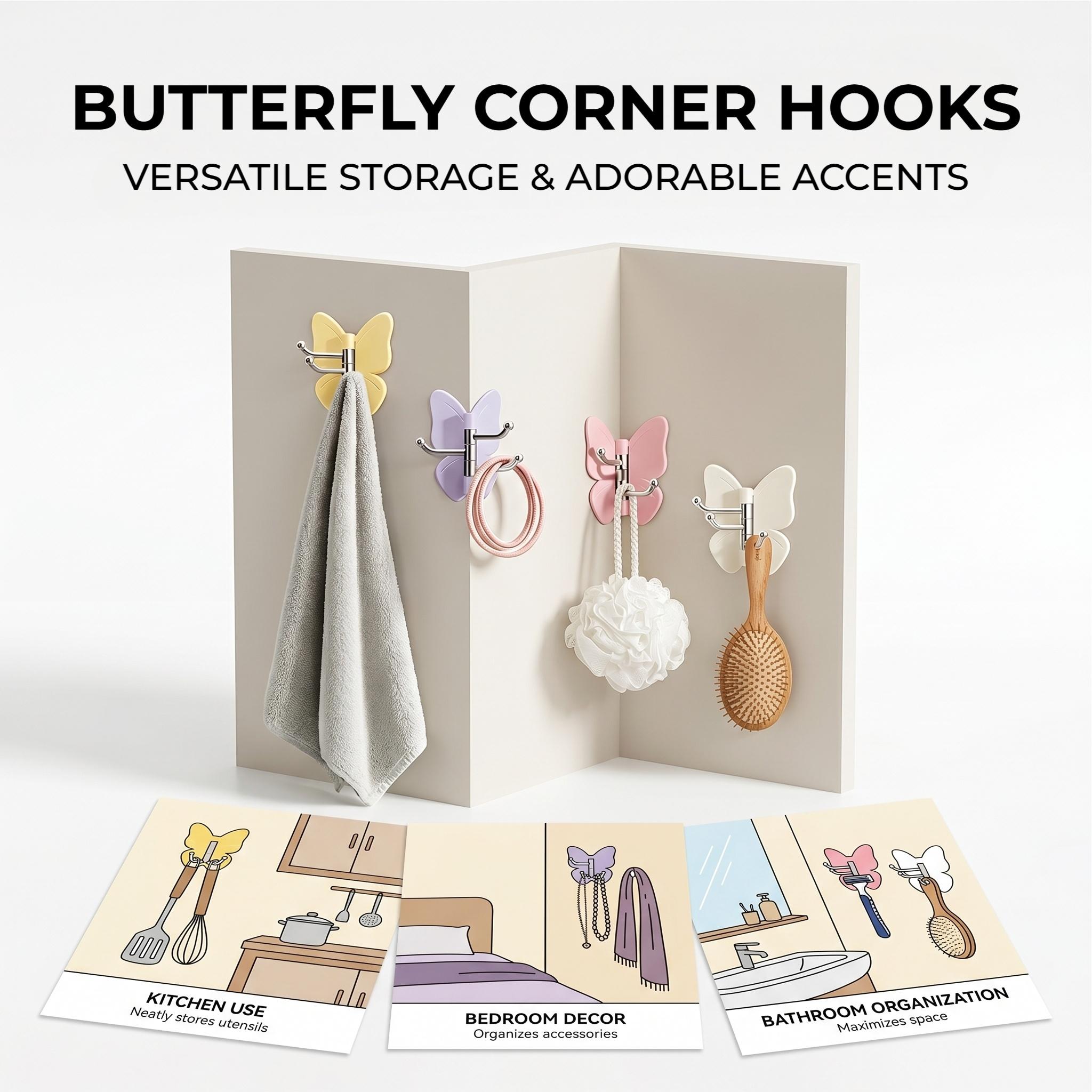 【DealsForYouDays】4-Pack Punch-Free Butterfly Rotatable Corner Hooks, Multi-Angle Fit 90°/180°/270° Walls, 3 Swivel Hanging Rods Self Adhesive Wall Hook for Towels Hats Keys Hair Accessories-YY