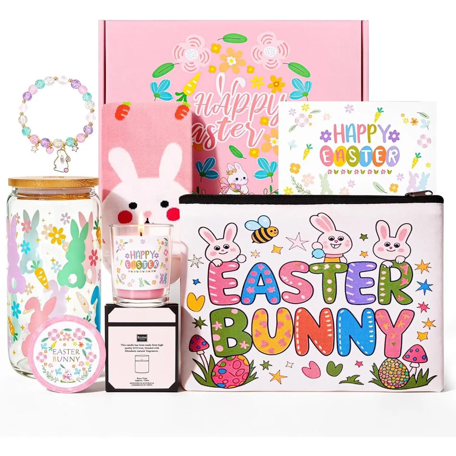 Easter Gifts Set for Women Sister Teens Stuff, Easter Basket Stuffers for Adults, Self Care  Basket Bunny Gifts with 16OZ Glass Cup, Makeup Bag, Bracelet, Sock