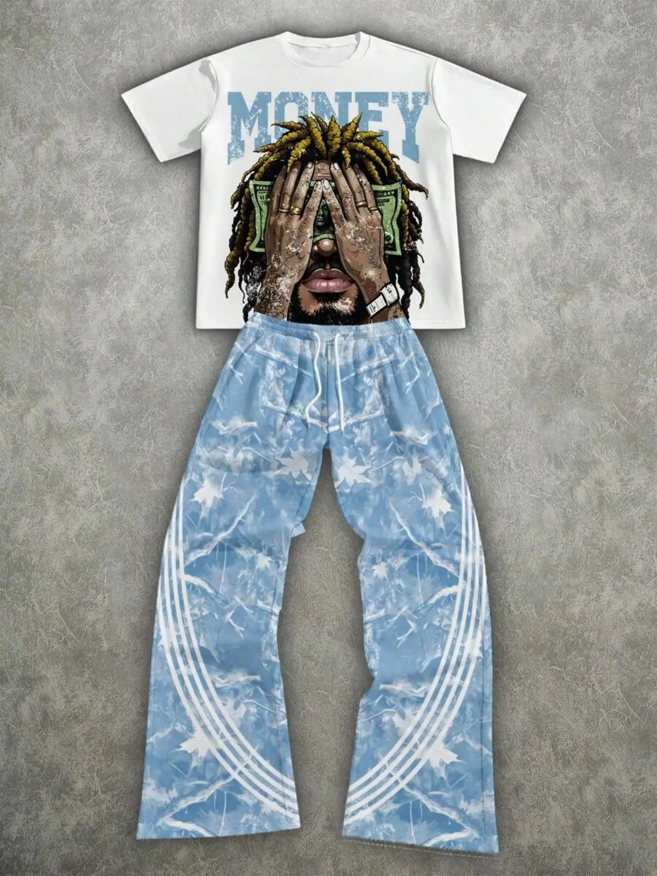 Streetwear Hip-Hop Print Short Sleeve Top and Pants Set, Fashionable Party Gift, Slim-Fit Round Neck T-Shirt + Long Pants, All Seasons
