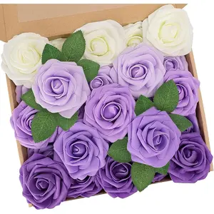 Artificial Flowers,25pcs Real Touch Fake Flowers Rose with Stems Perfect for DIY Wedding Bridesmaid Bridal Bouquets Centerpieces Home Arrangement Party Tables Decoration,Series Purple